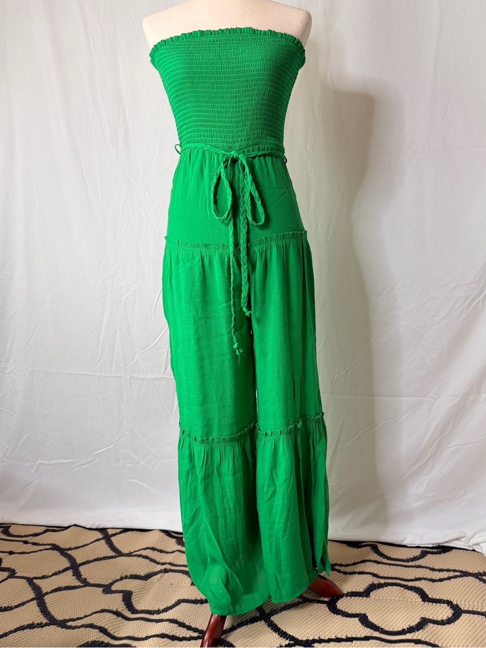 Love Tree Strapless Smocked Wide-Leg Jumpsuit in Bright Green, boho, hippie chic